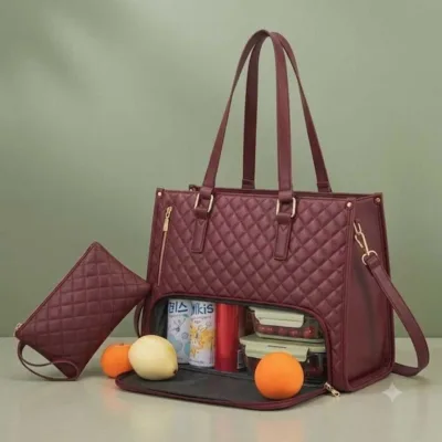 Premium Women's Lunch Tote & Matching Pouch Set – Black, Maroon, Cream & Pink